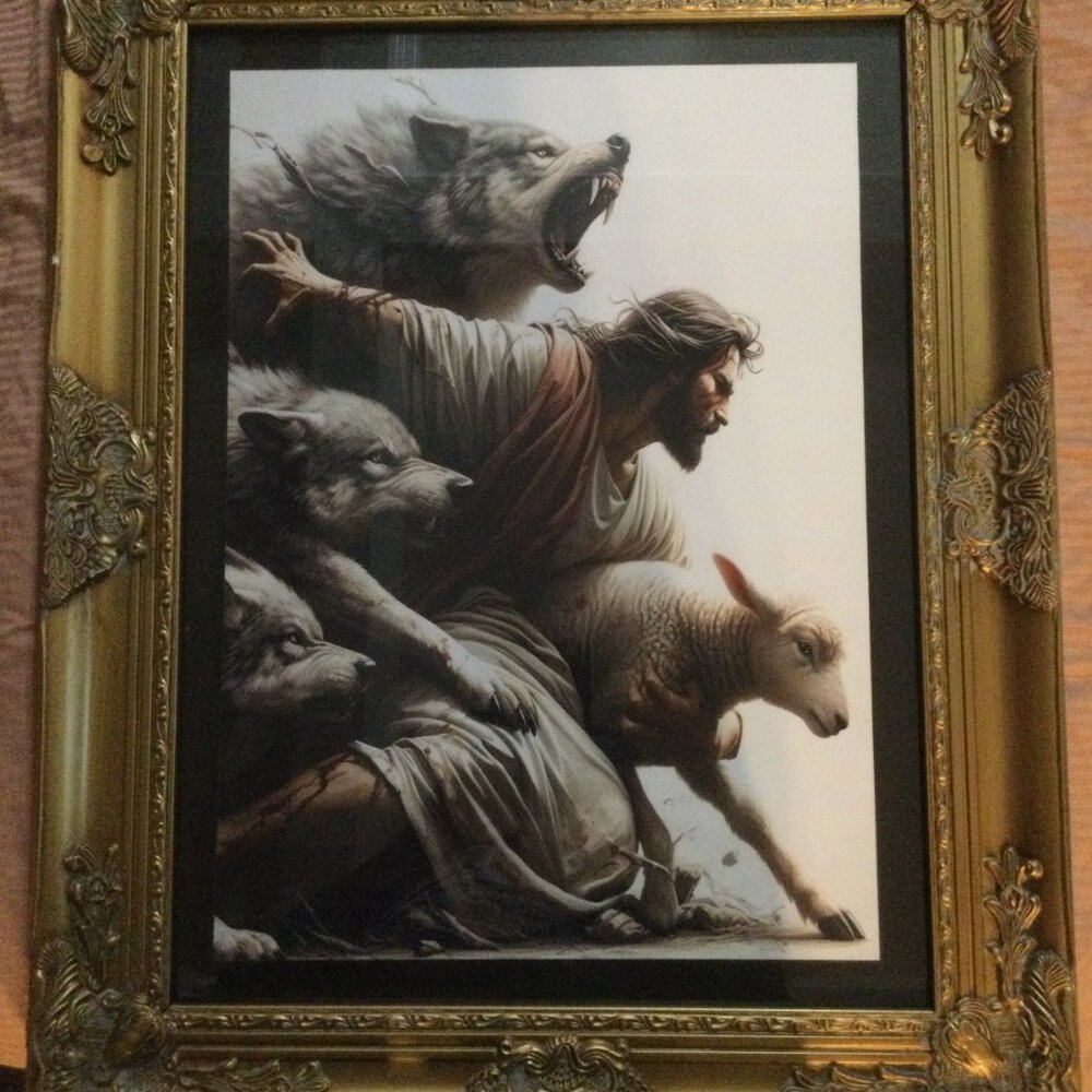 Jesus white robe and 3 wolves wall art 16x20 canvas print in a beautiful frame
